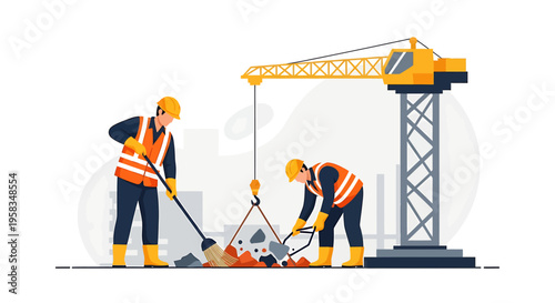 Construction workers in hard hats and safety vests working on a site with a crane.