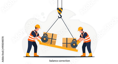 Construction workers lifting heavy cargo with crane and balance beam.