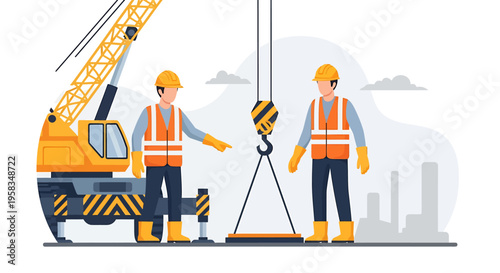 Construction workers operating a crane on a building site.