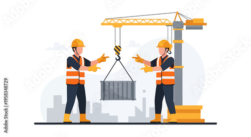 Construction workers operating a crane to lift a container.