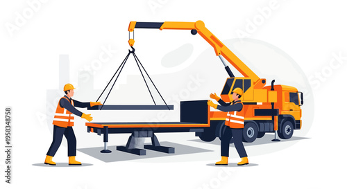 Construction workers operating a crane to lift heavy materials on a site.