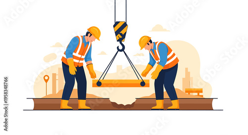 Construction workers operating a crane to lift heavy materials on a site.