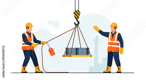 Construction workers operating a crane to lift heavy materials at a site.