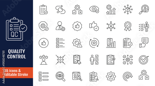 Quality control icon set. Includes evaluation, inspection, product, quality, process, testing and more. Outline icon with Editable stroke. Vector illustration