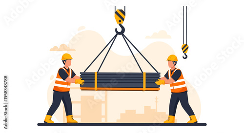 Construction workers operating a crane to lift heavy steel beams at a site.