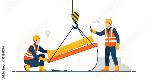 Construction workers operating a crane to lift heavy materials.