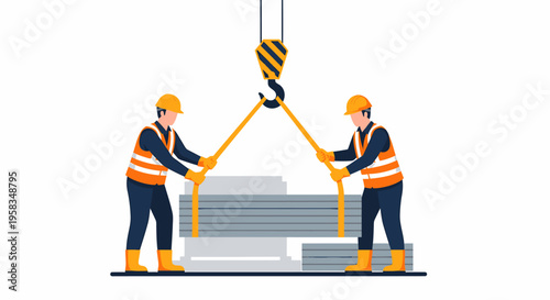 Construction workers operating a crane to lift materials at a site.