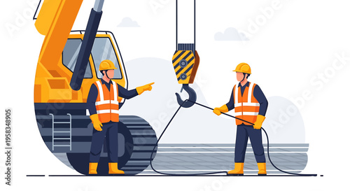 Construction workers operating heavy machinery and crane equipment.