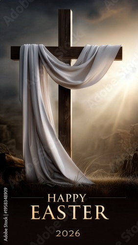 Happy Easter 2026 Christian Cross with White Cloth and Light Rays Religious Holiday Background