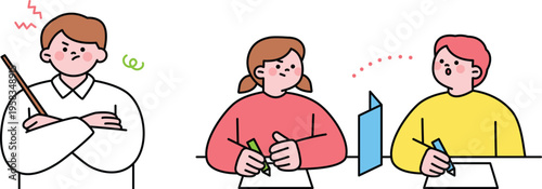 Three students reacting differently to an unexpected classroom event