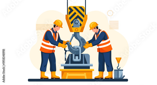 Construction workers operating heavy lifting crane equipment together.