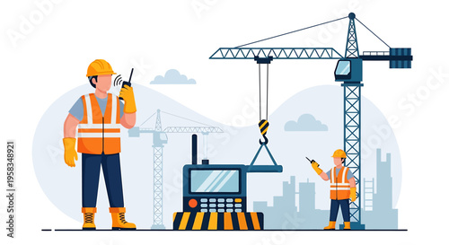 Construction workers operating heavy machinery at a building site.