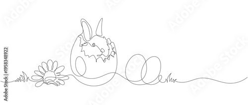 Continuous line art drawing of Easter bunny in egg shell with flowers and eggs, Easter holiday concept. Editable stroke 