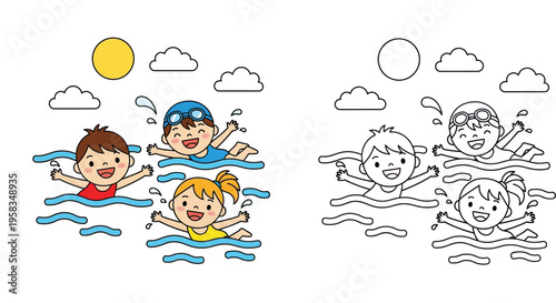  Kids Swimming and Playing in Water Coloring Page Set, Happy Children Having Fun in the Pool with Sun and Clouds Illustration, Educational Summer Activity for Toddlers and Preschoolers