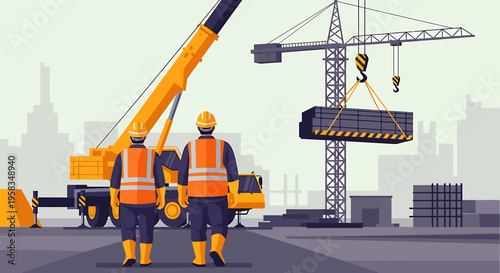 Construction workers overseeing heavy lifting at a building site.