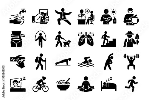 Human Activities for Health and Wellness Glyph Icon Set