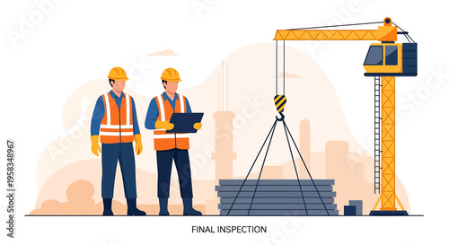 Construction workers performing final inspection of steel beams at site.