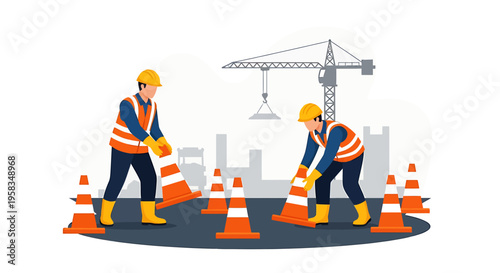 Construction workers placing traffic cones on a road with crane in background.