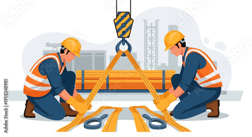 Construction workers securing heavy load for crane lifting safety.