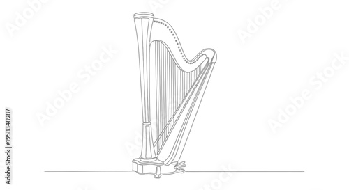 Elegant Harp Outline Drawing, Musical Instrument Vector Art