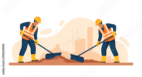 Two construction workers cleaning up dirt with brooms.