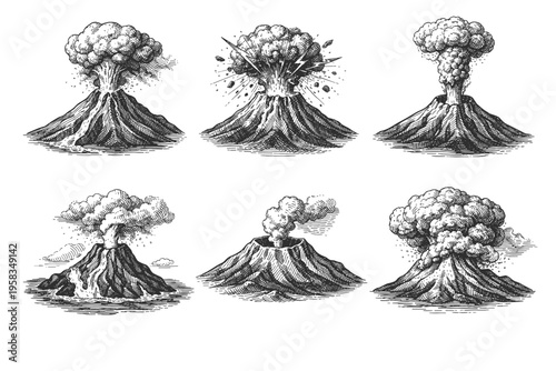 Vintage engraved volcano eruption collection in black and white natural disaster illustration style