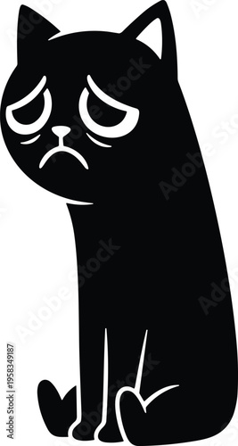 Sad black cat minimalist vector illustration sitting with drooping eyes and unhappy face expression isolated on white background for depression concepts.