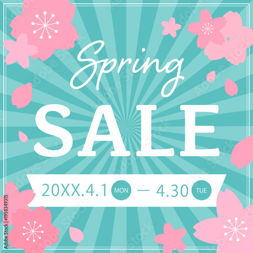 桜装飾スプリングセールバナー（放射背景・青緑カラー・日付リボン付き販促素材）