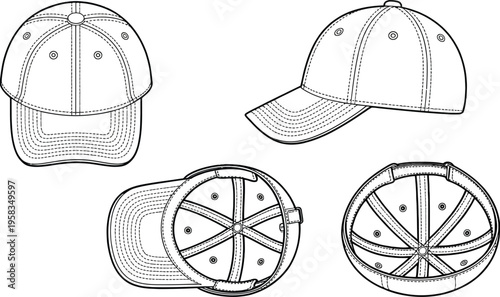 Baseball Cap Technical Drawing Set, Front, Side, Top, and Back Views Template, Headwear Fashion Apparel Design Vector Illustration for Manufacturing and Product Development