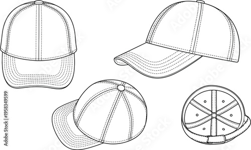 Baseball Cap Technical Drawing Set, Front, Side, Top, and Back Views Template, Headwear Fashion Apparel Design Vector Illustration for Manufacturing and Product Development