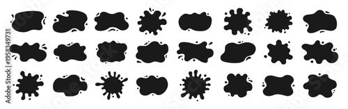 Liquid shapes wavy ink stains silhouettes puddle set. Fluid puddles, splashes, drops, blobs. Bubble watery organic forms. Smooth blotches, soft uneven spills drips abstract shapes backgrounds design