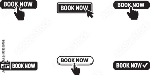 Book now button icons set for web and app UI booking action flat vector EPS editable design.
