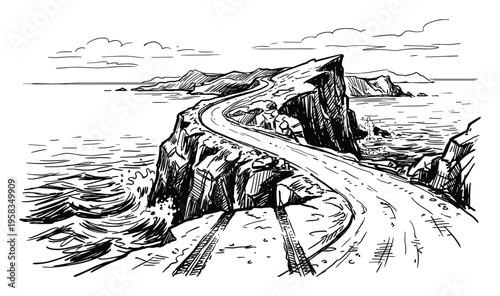 Cliffside road landscape vector illustration, ocean view, winding road, mountains, sea, railway