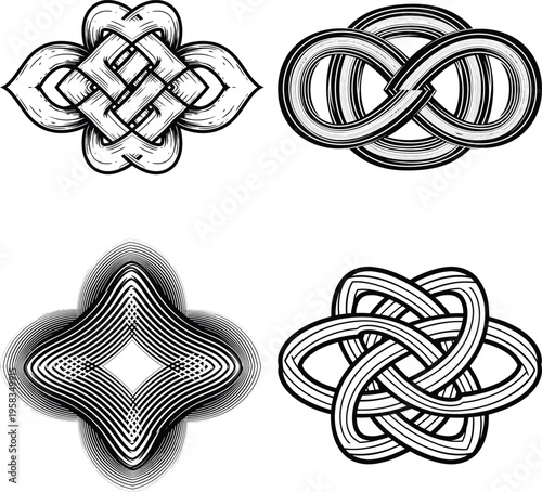 Four black and white abstract knot infinity symbol and geometric patterns celtic knot