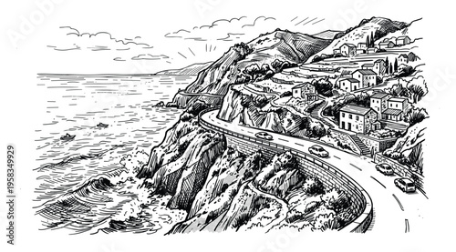 Cliffside road with coastal village, cars, and ocean waves, illustrated landscape scenic drawing