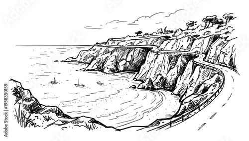 Coastal road drawing sketch, cliffs, ocean and beach scenery black and white illustration.
