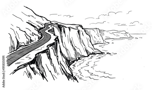 Coastal road illustration with cliffs and sea landscape drawing