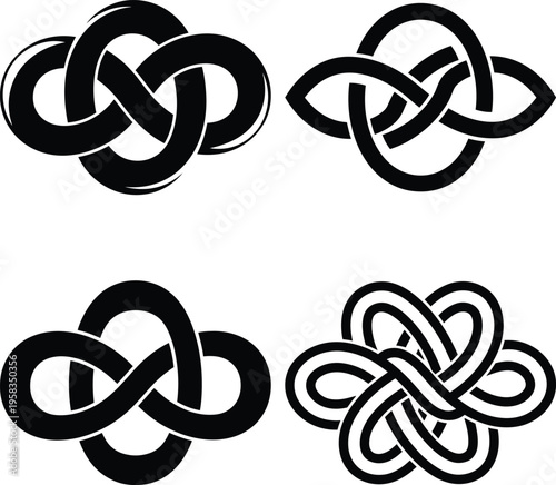 Four black celtic knot symbols on white background