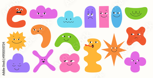 Abstract geometric characters set, colorful blob shapes and expressive comic childish faces. Playful figures with eyes, emotions quirky forms. Fun modern cartoon geometry smiling happy face elements