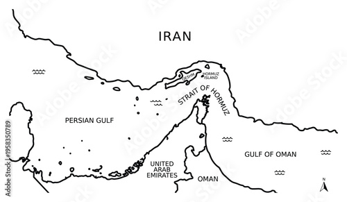 Map of Strait of Hormuz, Iran, Oman, United Arab Emirates and Persian Gulf