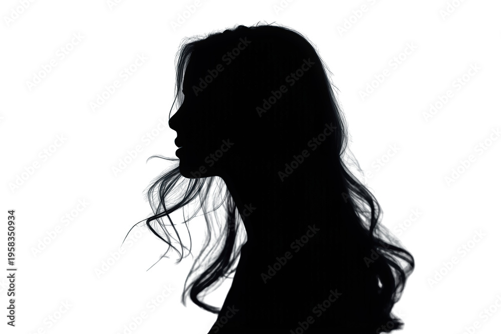 Naklejka premium Woman profile silhouette with long flowing hair, showing mystery, elegance, and anonymity on a transparent background