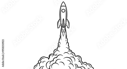Black and white line art rocket launching with smoke plume