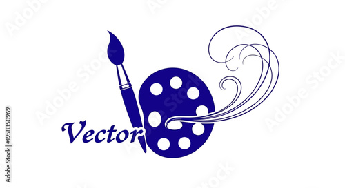 Blue art palette and paintbrush with decorative swirls