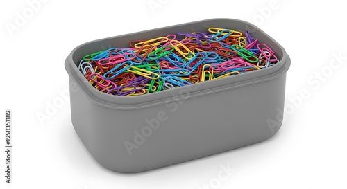 A Gray Plastic Container Filled with Colorful Paper Clips