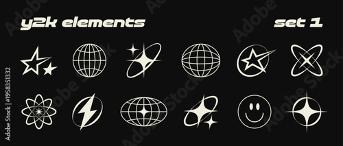 Collection of different y2k design elements. Bright firework, decoration twinkle, shiny flash and globe grids with stars. Glowing light effect collection. Vector graphic design