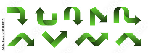 Collection of different green arrows pointing up, down, left and right. Arrows pointers in different configurations. Signs design for navigation, movement, direction or play. Vector illustration