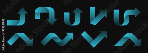 Collection of different blue arrows pointing up, down, left and right. Arrows pointers in different configurations. Signs design for navigation, movement, direction or play. Vector illustration