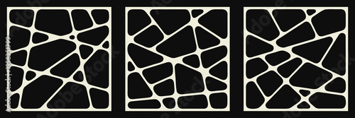 Collection of abstract geometric broken shapes forming squares. Monochrome Voronoi chaotic crack pattern.  Modern vector illustration 
