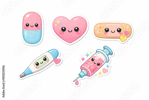 Cute kawaii medical stickers: pill, heart, bandage, thermometer, syringe