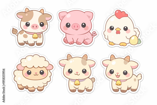 Cute cartoon farm animals stickers: cow, pig, chicken, sheep, goat collection